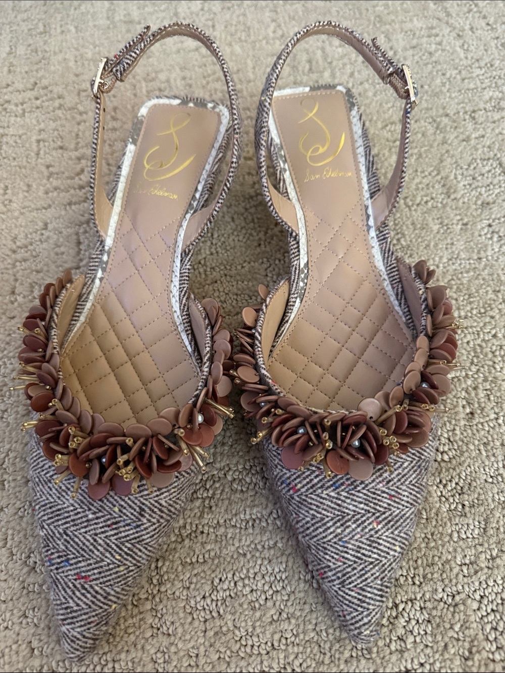 Sam Edelman Brown Floral-Embellished Pointed Slingback Heels